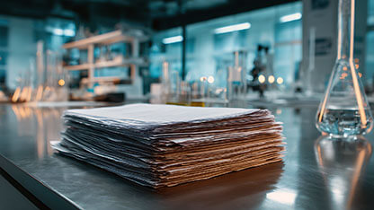 A stack of papers on a lab table with scientific equipment in the background