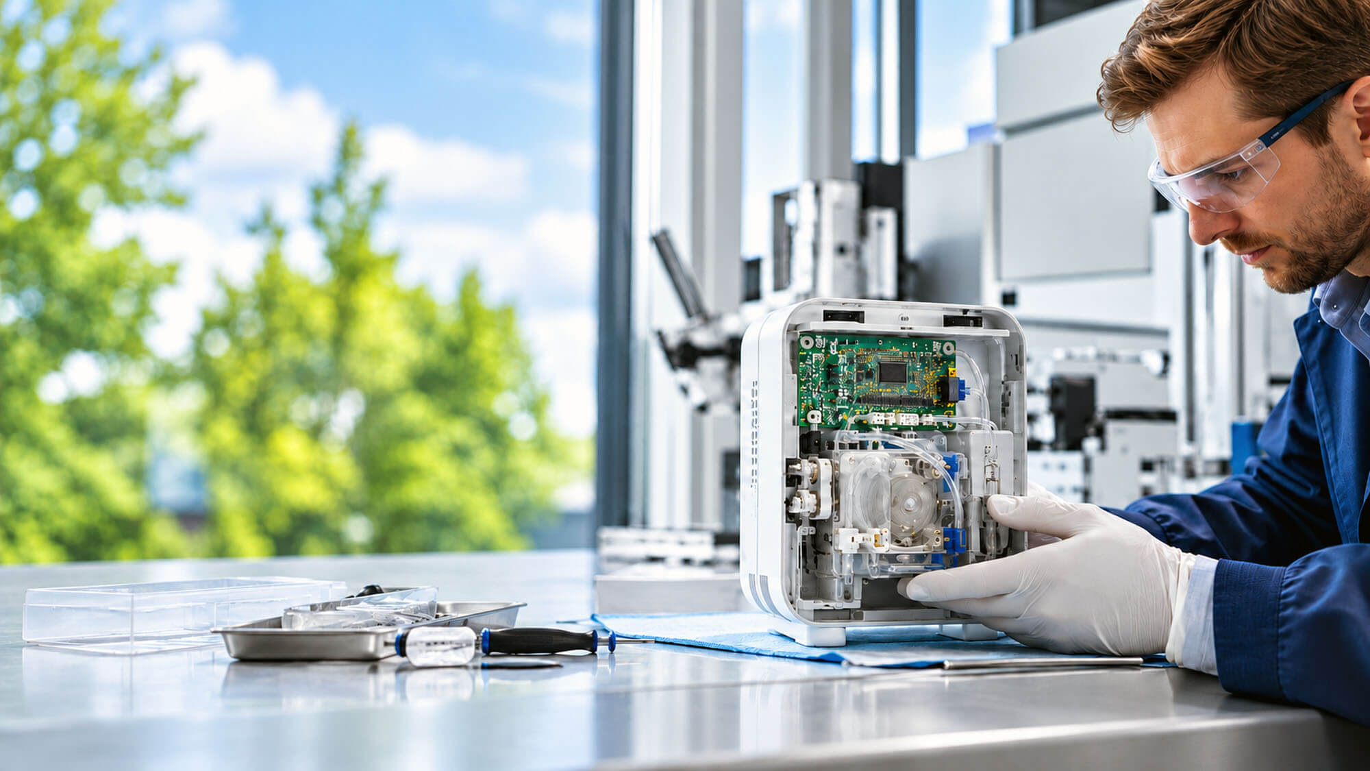 Medical device engineer inspecting the internal components of an infusion pump in a modern testing laboratory