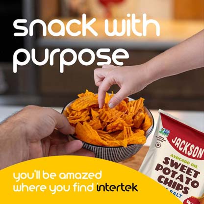 A bowl of sweet potato chips held by one person with a child's hand seen grabbing a chip